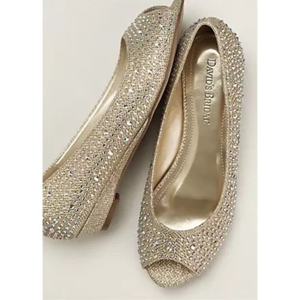 Davids‎ Bridal AJUSTIN10 Gold Rhinestone Peep Toe Low Wedge Heels Womens 7.5